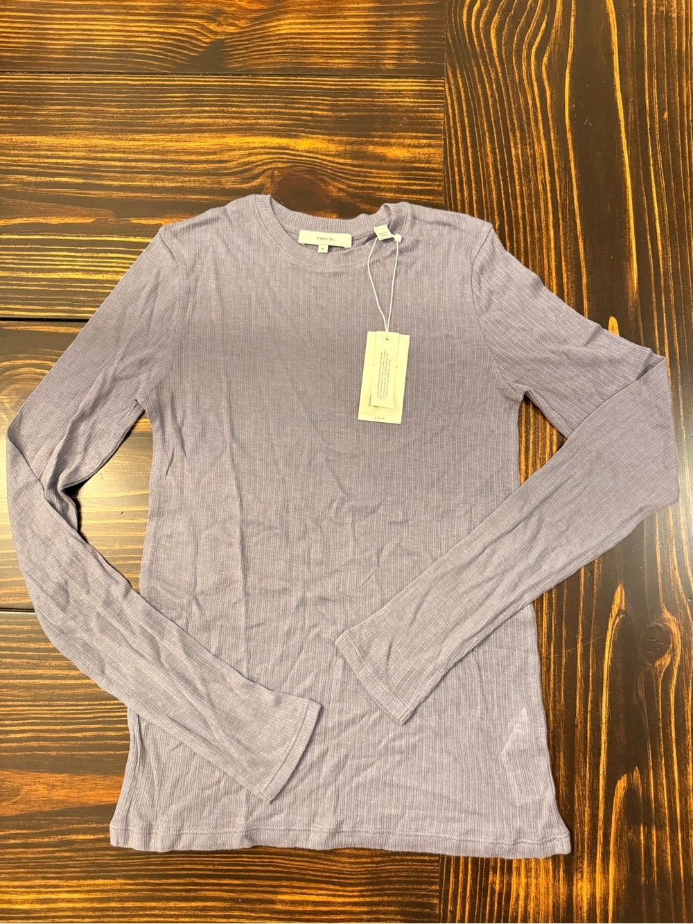 NWT Vince Women’s Long-Sleeve Ribbed Crewneck Shirt - Dusty Slate Blue